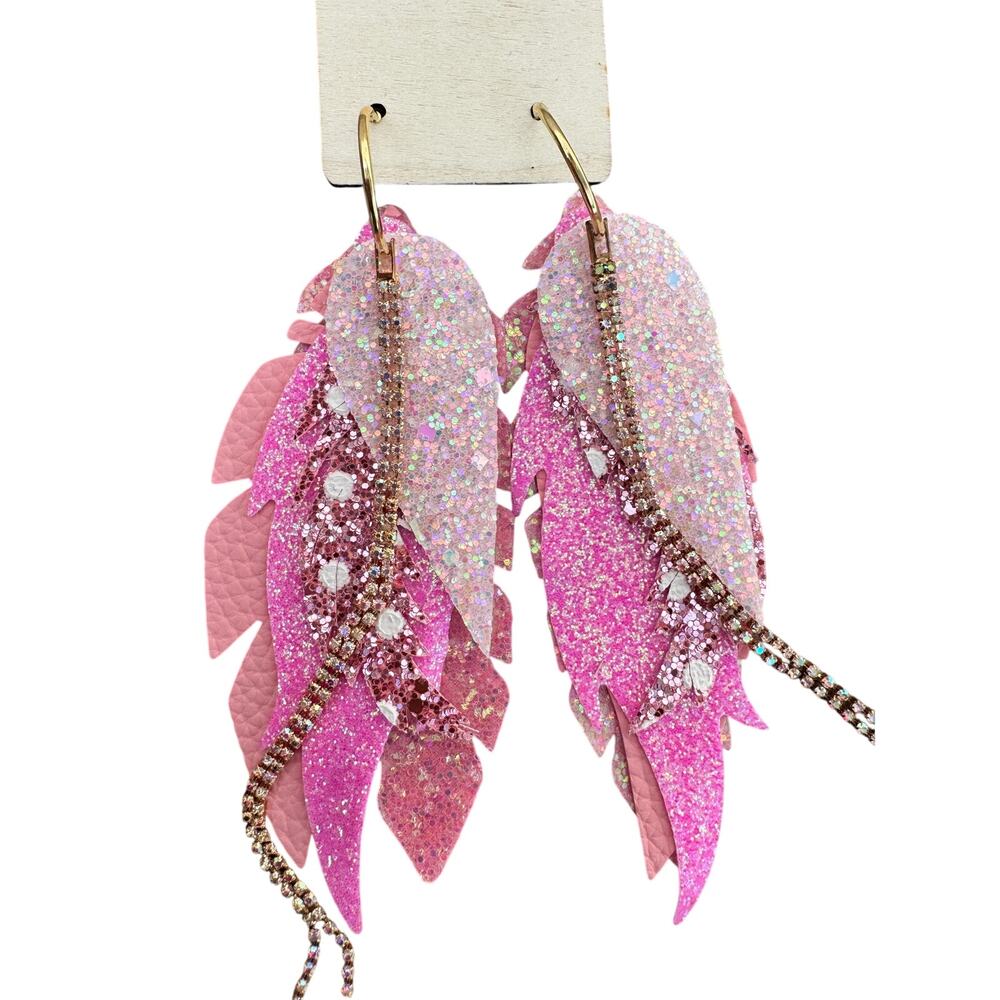 Keep It Gypsy NWT Pink Glitter Feather Statement Earrings Western Boho - Picture 4 of 4